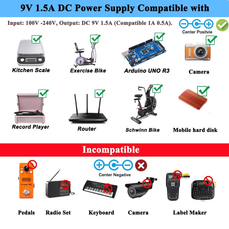 TKDY 9V 1.5A Power Supply Adapter DC 9V Power Cord AC 100-240V to DC 9 Volts 13.5W, fit for DC9V Arduino UNO R3, 9Vdc Record Player, Schwinn 140/170/A10 Bike etc. with 5.5 * 2.5mm Center Positive Tip. - Image 2